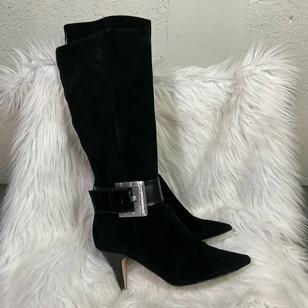 MICHEL KORS Alexandra knee high boots heels suede leather black 8M